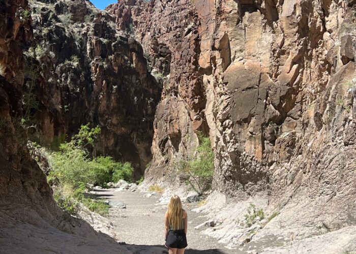 Jillian stands in a canyon with towering cliffs on either side. She is at Big Bend National Park.